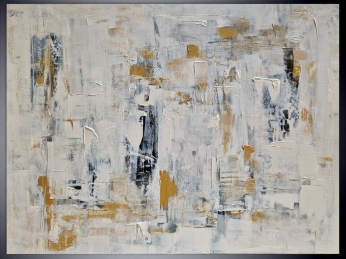 Peinture abstraite contemporaine blanc, noir et doré  – Œuvre originale - MURMURES CLAIRS