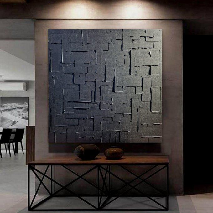 MONOCHROME NOIR référence a19 -Tableau abstrait noir – Peinture contemporaine minimaliste 100x100 cm