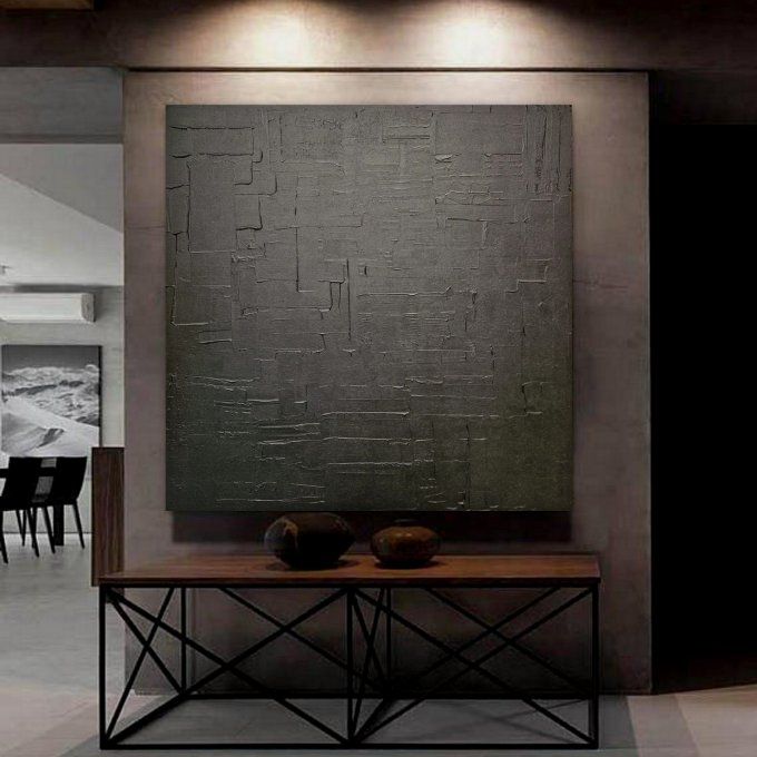 MONOCHROME NOIR référence T18 -Tableau abstrait noir – Peinture contemporaine minimaliste 100x100 cm