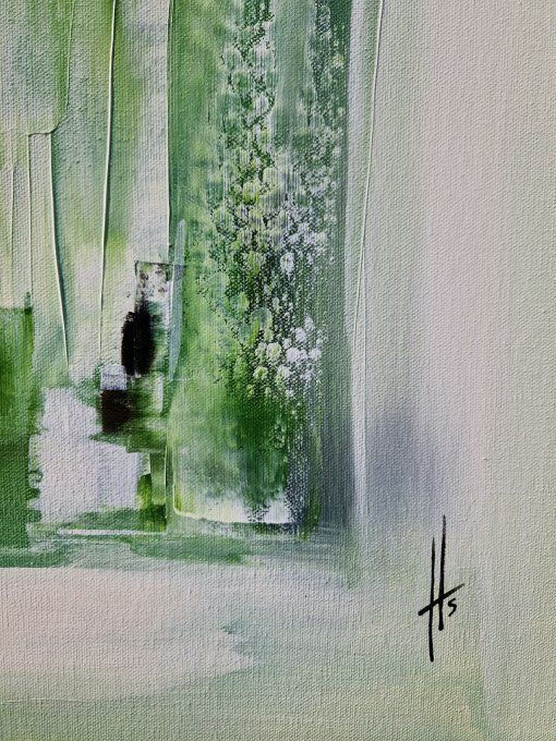 Peinture abstraite contemporaine vert et blanc – Œuvre originale  - JARDIN ABSTRAIT