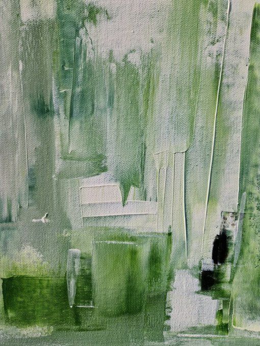 Peinture abstraite contemporaine vert et blanc – Œuvre originale  - JARDIN ABSTRAIT