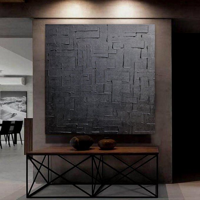 MONOCHROME NOIR référence a19 - Tableau abstrait noir –Peinture contemporaine minimaliste 100x100 cm