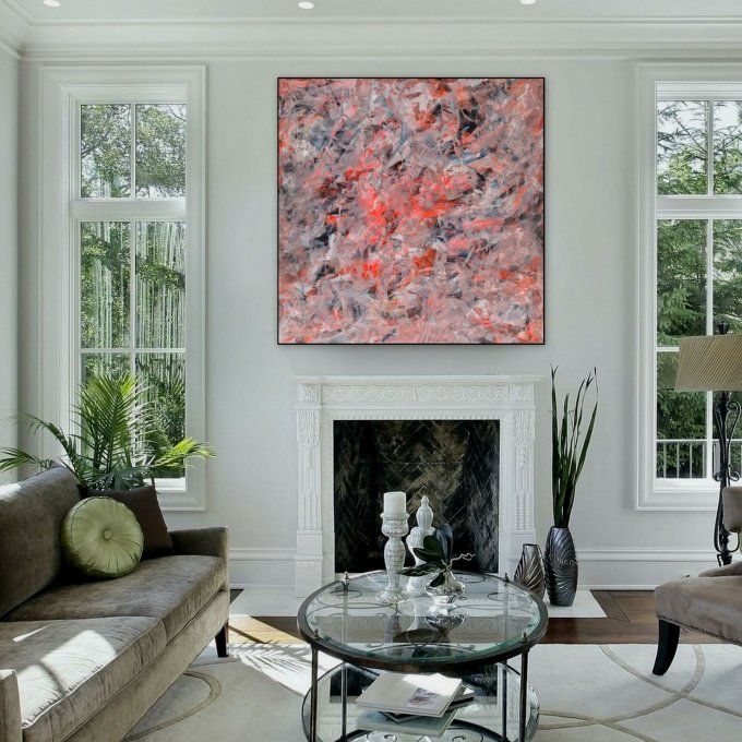 Peinture abstraite contemporaine orange, blanc et noir  – Œuvre originale - FRICTION