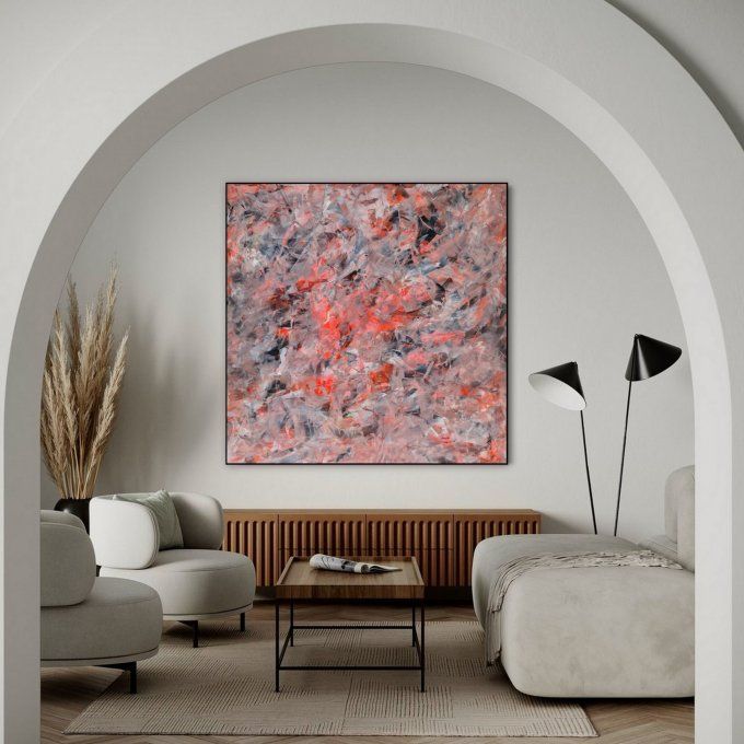 Peinture abstraite contemporaine orange, blanc et noir  – Œuvre originale - FRICTION